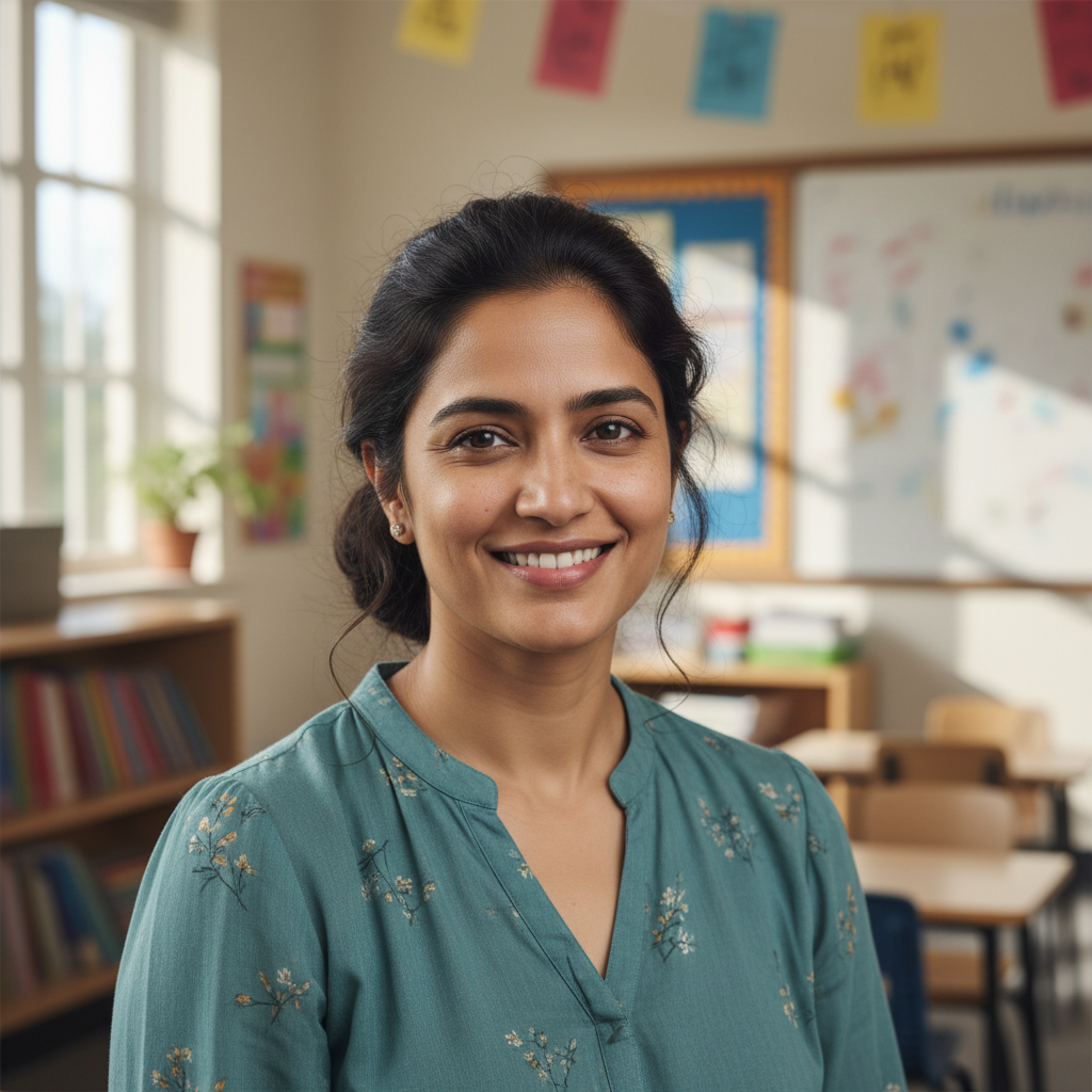 AI-generated illustrative portrait for Priya Sharma, Primary School Teacher